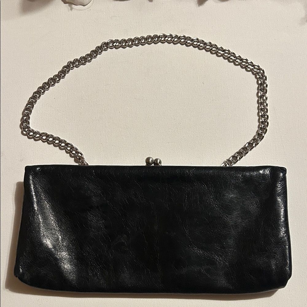 HOBO Black Leather Shoulder Bag with Silver Chain